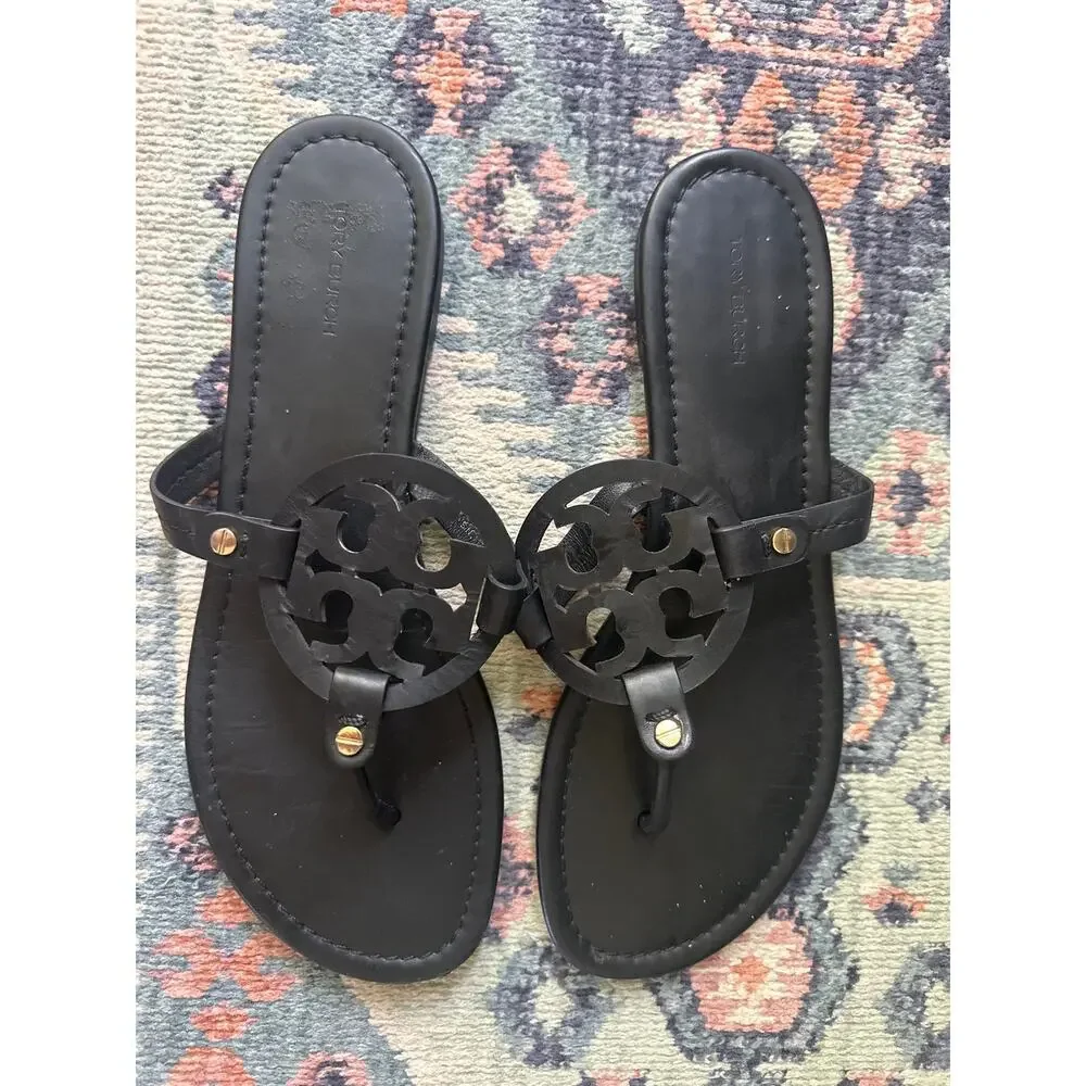 Tory Burch Miller Black Leather Sandals Gold Hardware Women’s Size 9